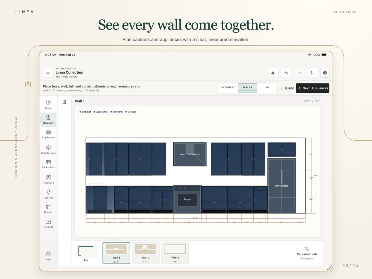 Measured kitchen wall elevation in Linea