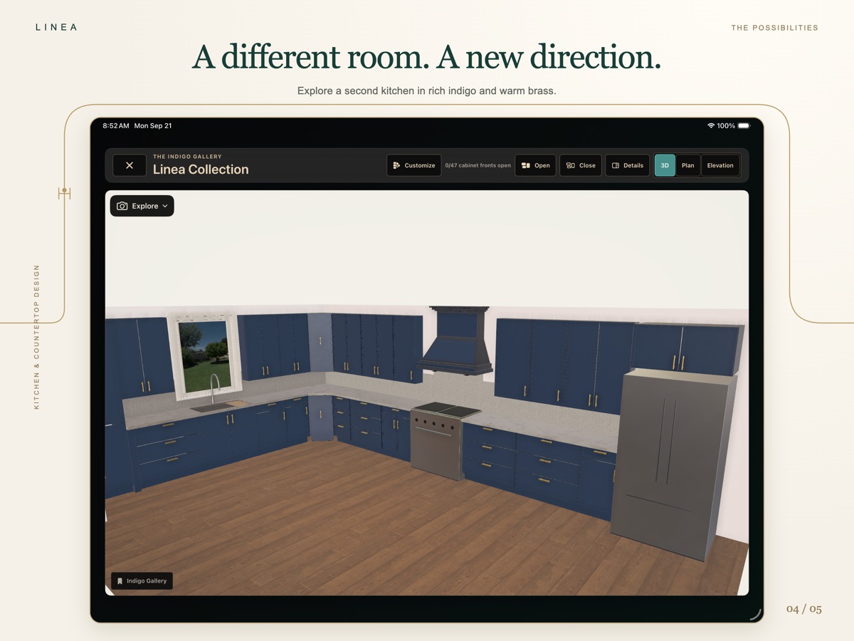 A blue cabinet finish explored in Linea's 3D kitchen view