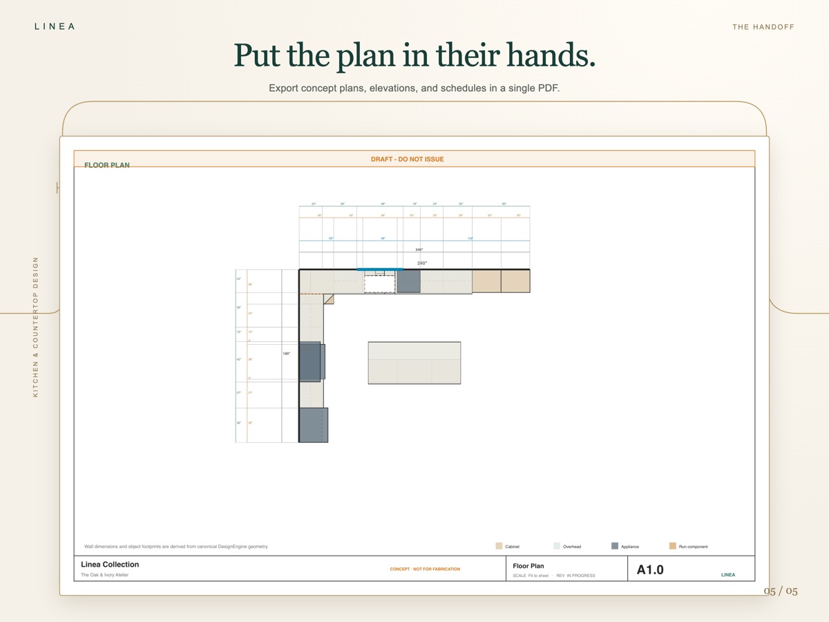 A customer-ready kitchen plan PDF created in Linea