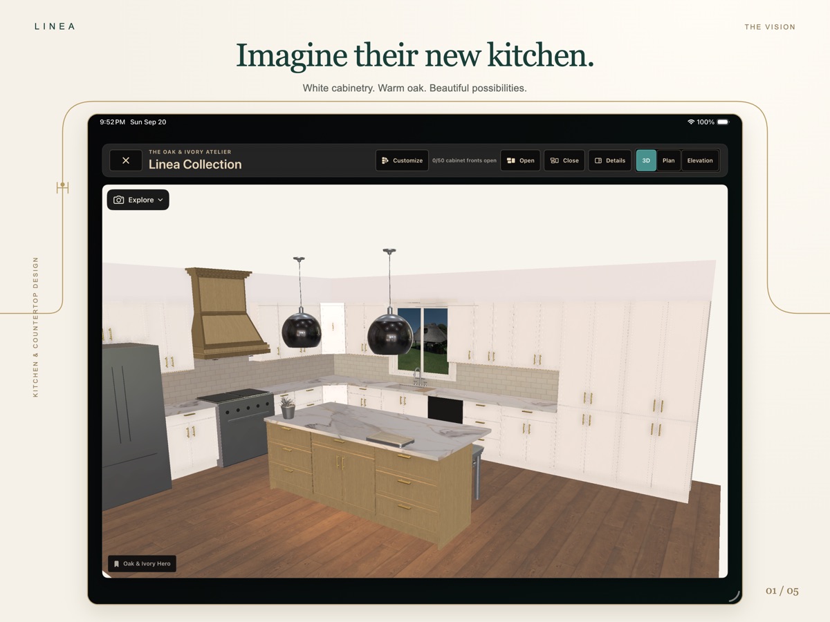 A finished kitchen shown in Linea's real 3D design workspace on iPad